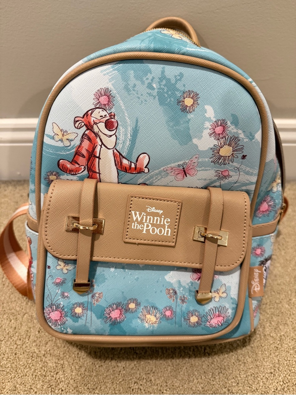 Disney Winnie the Pooh Blue and Tan Tigger Floral Mini Backpack